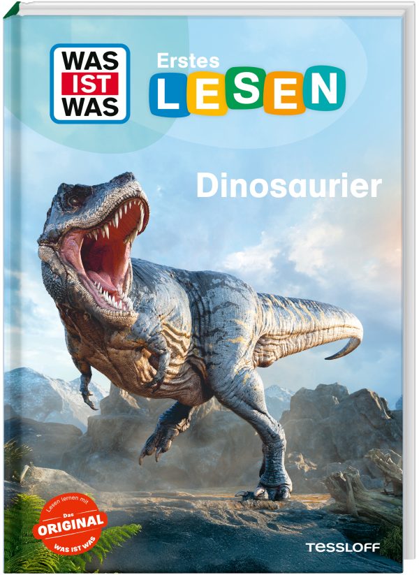 Cover des Buchs was ist was erstes lesen easy über Dinosaurier. Auf dem Cover ist ein brüllender T Rex abgebildet.