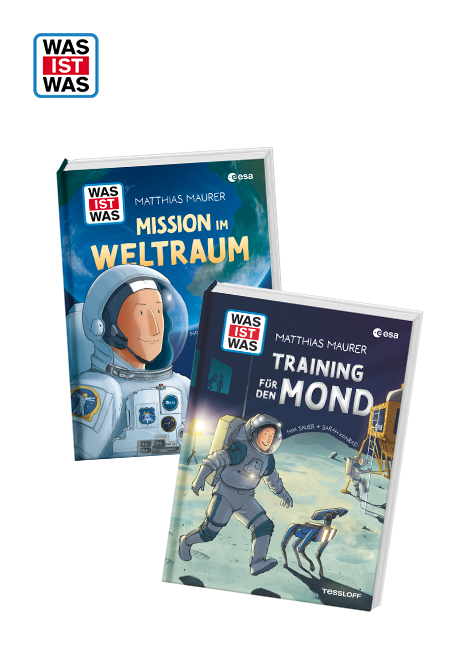 Die Cover von WAS IST WAS Mission im Weltraum und WAS IST WAS Training für den Mond untereinander angeordnet.